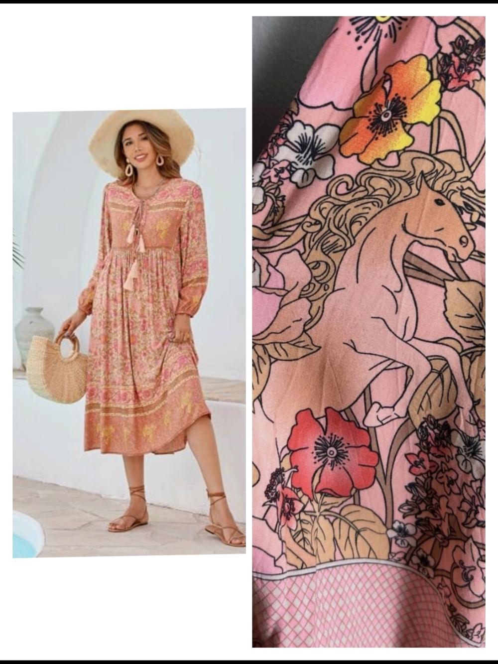 R. Vivimos Bohemian Pink Floral Unicorn Long Sleeve Midi Dress